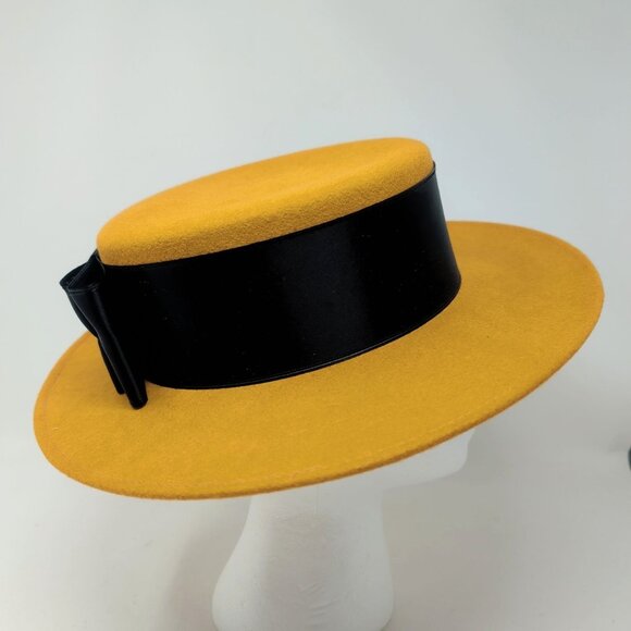 Vintage Bollman Mustard Yellow Felt Hat Stiff Black Ribbon
